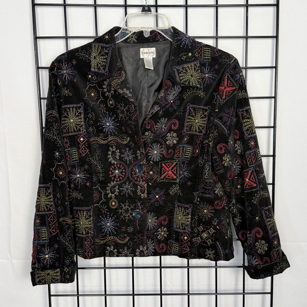 Vtg Chicos Velvet Blazer Women 1 (8) Black Indie Embroidered Studded Art to Wear